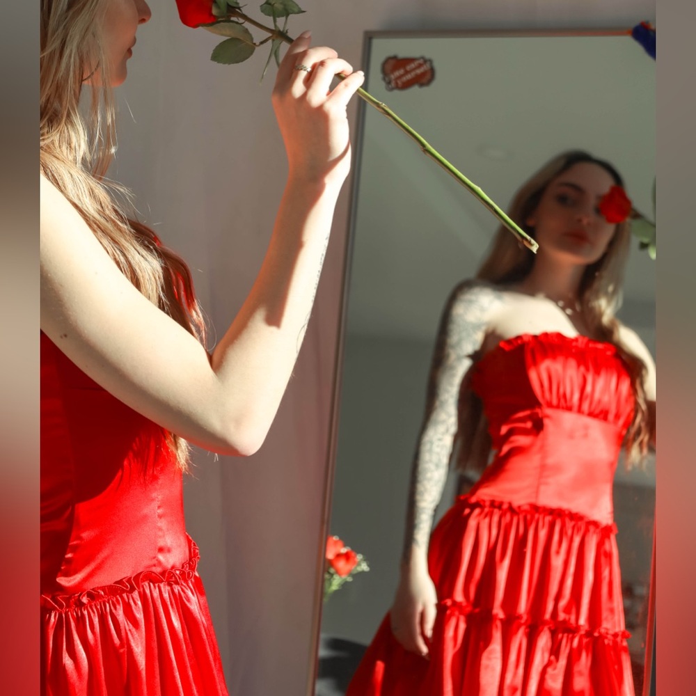 Vintage Red Tier Strapless Dress with Taffeta Skirt By Jessica McClintock